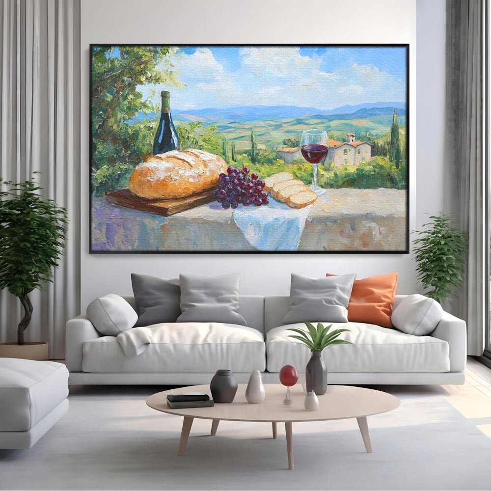 Tablou canvas cu tablou canvas cu natura moarta si peisaj toscan, in rama de aluminiu negru, pe perete intr-un living